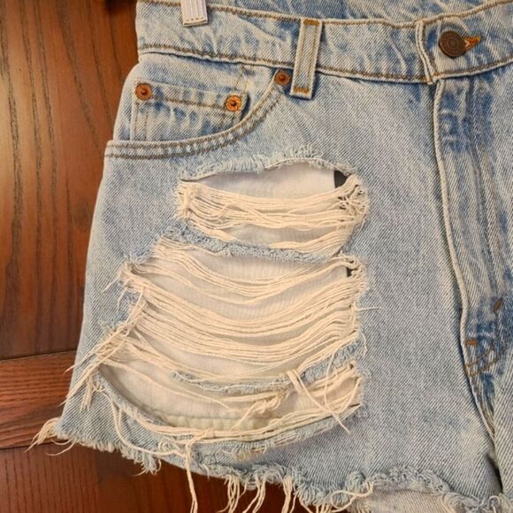 Vintage 90s Levis Jean Shorts Made in USA Light Wash Embellished Furst of a Kind - Picture 2 of 11
